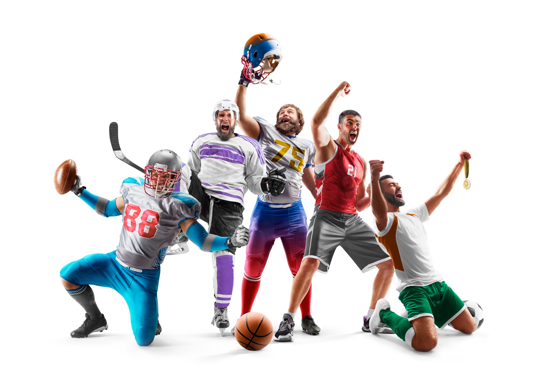 Sport winners. Sport collage of professional athletes. Football, hockey, basketball, soccer. Sport emotion